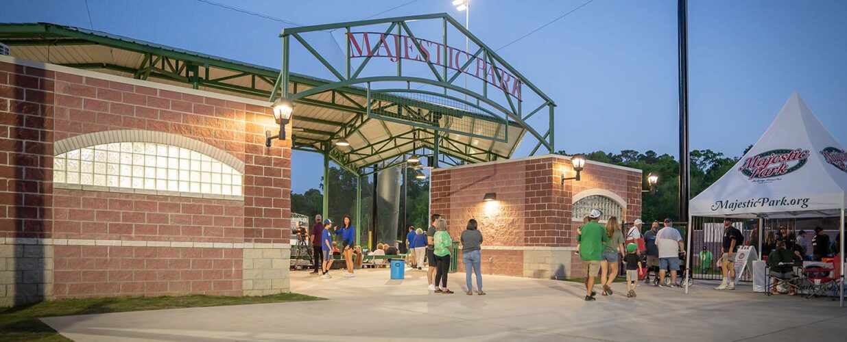 Majestic Park entrance sign in the evening