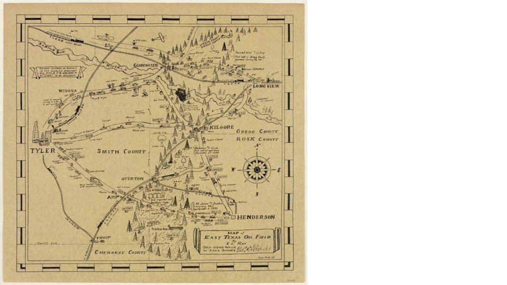 old hand-drawn map of the East Texas oil field in 1933 by E.D. Ray